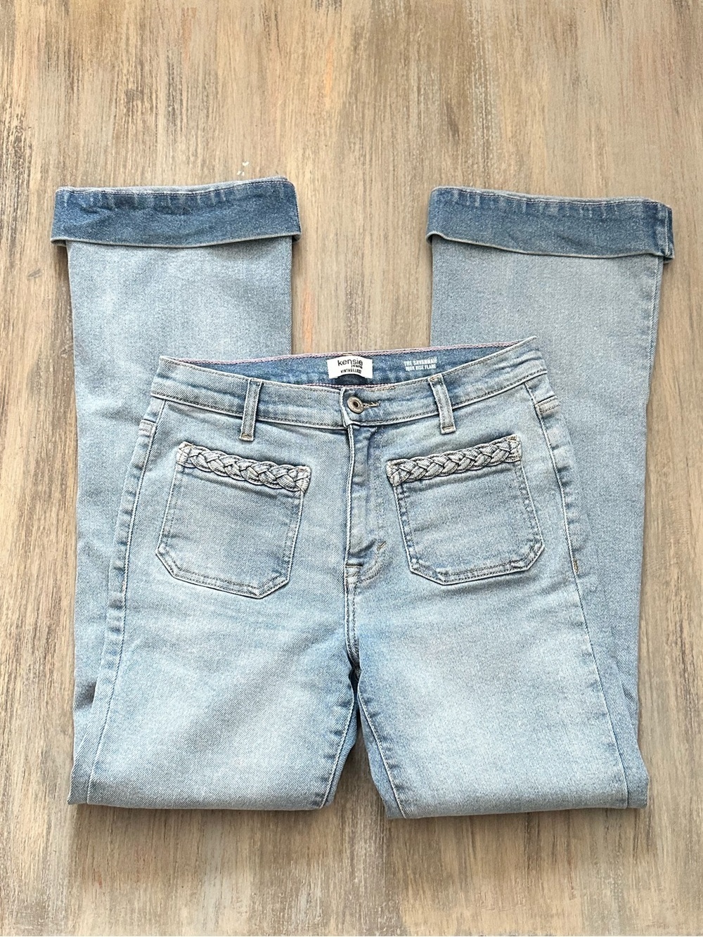 Kensie Vintage Luxe High Rise Flare Leg Jeans with Braided Pocket Trim 4/27